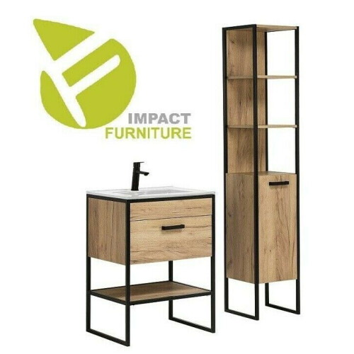 Bathroom 600 Vanity Unit Sink Tall Cabinet Loft Black/Oak Effect Brook 1