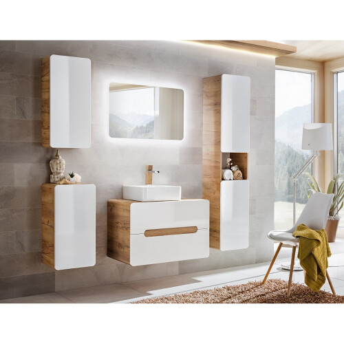 Countertop Vanity Unit + Basin 800mm Wall Cabinet White Gloss/Oak Arub 1