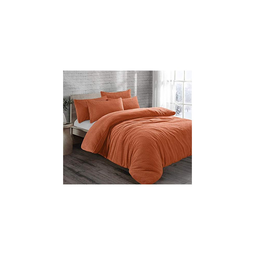 CT New Teddy Sherpa Fleece Luxurious Duvet Cover Sets Quilt Cover Sets Super Soft Warm Cosy Teddy Bear Fleece Bedding Sets (Orange, Double Size Fitted