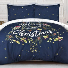 Sleepdown Merry Christmas Holly Tree Navy White Reversible Duvet Cover Quilt Bedding Set with Pillowcase Soft Easy Care Bed Linen - Single (135cm x