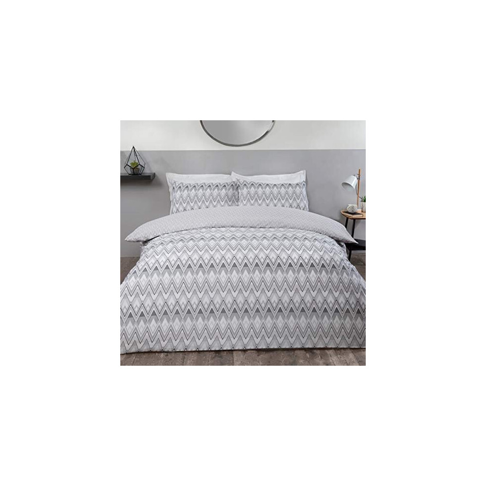 Sleepdown Zig Zag Retro Geometric Black Grey Reversible Soft Easy Care Duvet Cover Quilt Bedding Set with Pillowcases - King (230cm x 220cm)