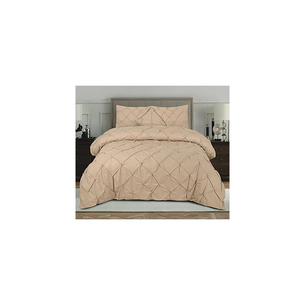 Pintuck Duvet Set Eliza Bedding Hand Stitched 68-Pick Fibre 50/50 Polycotton Machine Washable (Latte Beige, Double)