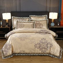 Beyeutao Double Duvet Cover Jacquard Bedding Lace Gold Duvet Set Jacquard Duvet Elegant Bedding Set 3 PCS with Duvet Cover Set Pillowcases. (Champagne