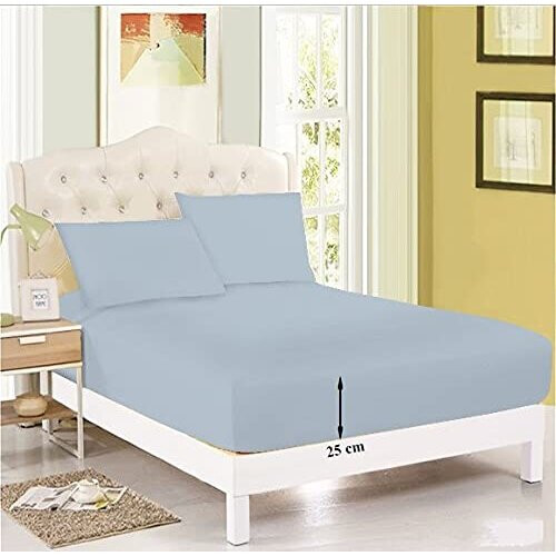 ROOEE Fitted Sheets: Elasticized Deep Fitted Sheets . 10?/25 cm Size, Poly Cotton, Single,Double,King, Super King Bed Sheets . ( Color Sky-Blue Size
