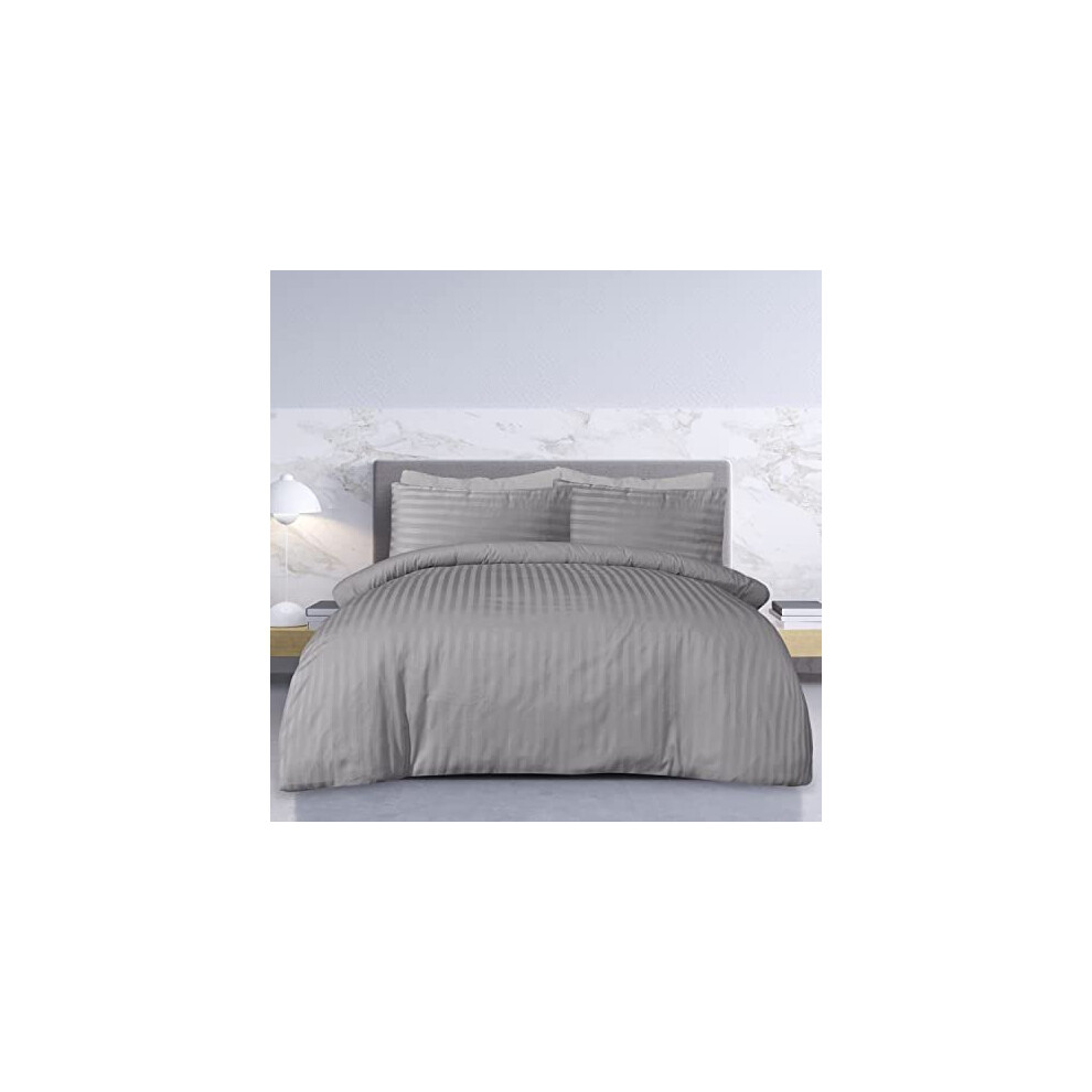 Sleepdown Premium Hotel Quality 100% Cotton Satin Stripe Duvet Cover Set with Pillowcases Quilt Bedding Soft Easy Care Luxury Bed Linen - Grey - King