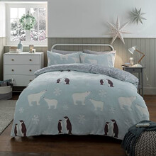 Sleepdown Penguin & Polar Bear Glow In The Dark Duck Egg Reversible Grey Fleece Thermal Warm Cosy Super Soft Duvet Cover Quilt Bedding Set with Pillow