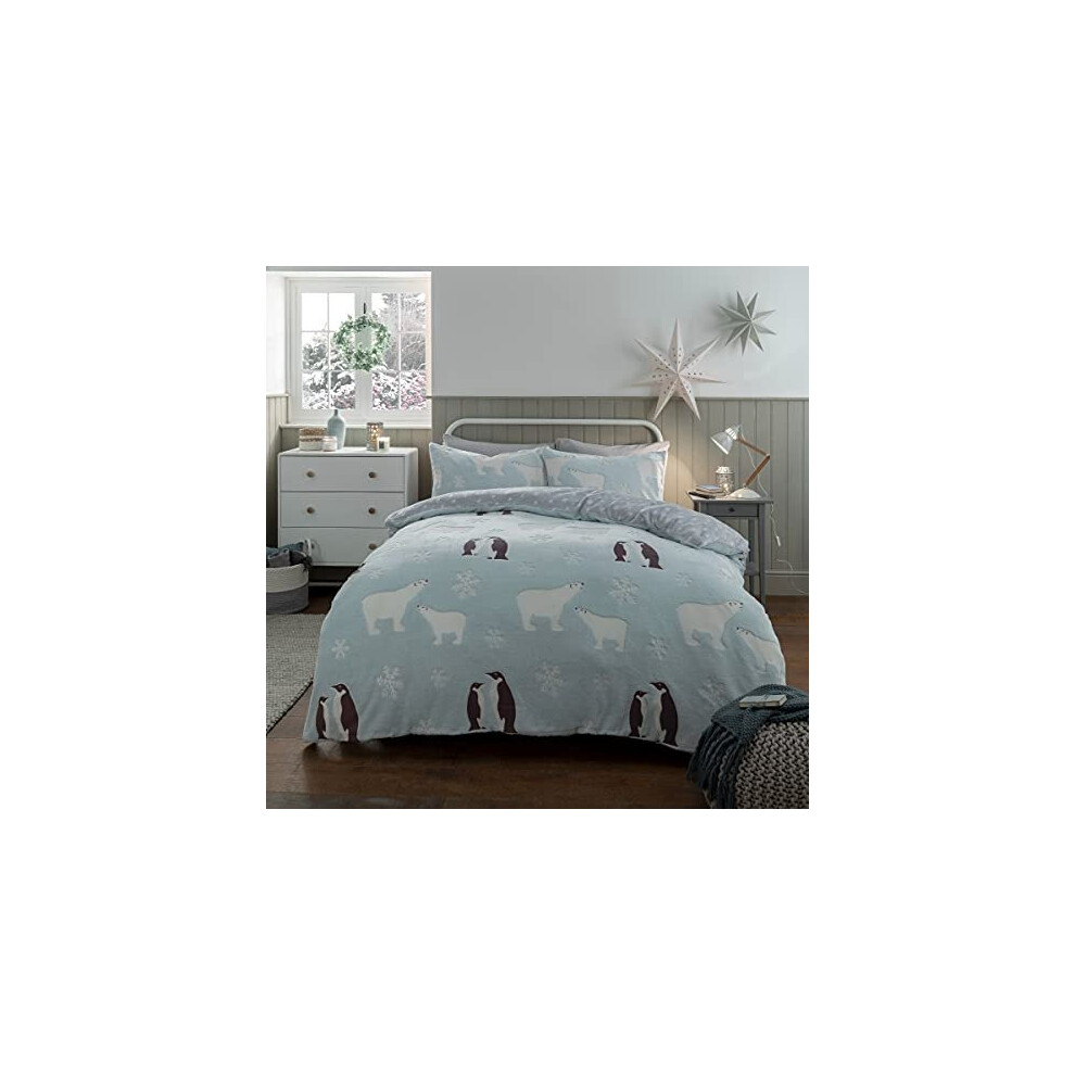 Sleepdown Penguin & Polar Bear Glow In The Dark Duck Egg Reversible Grey Fleece Thermal Warm Cosy Super Soft Duvet Cover Quilt Bedding Set with Pillow