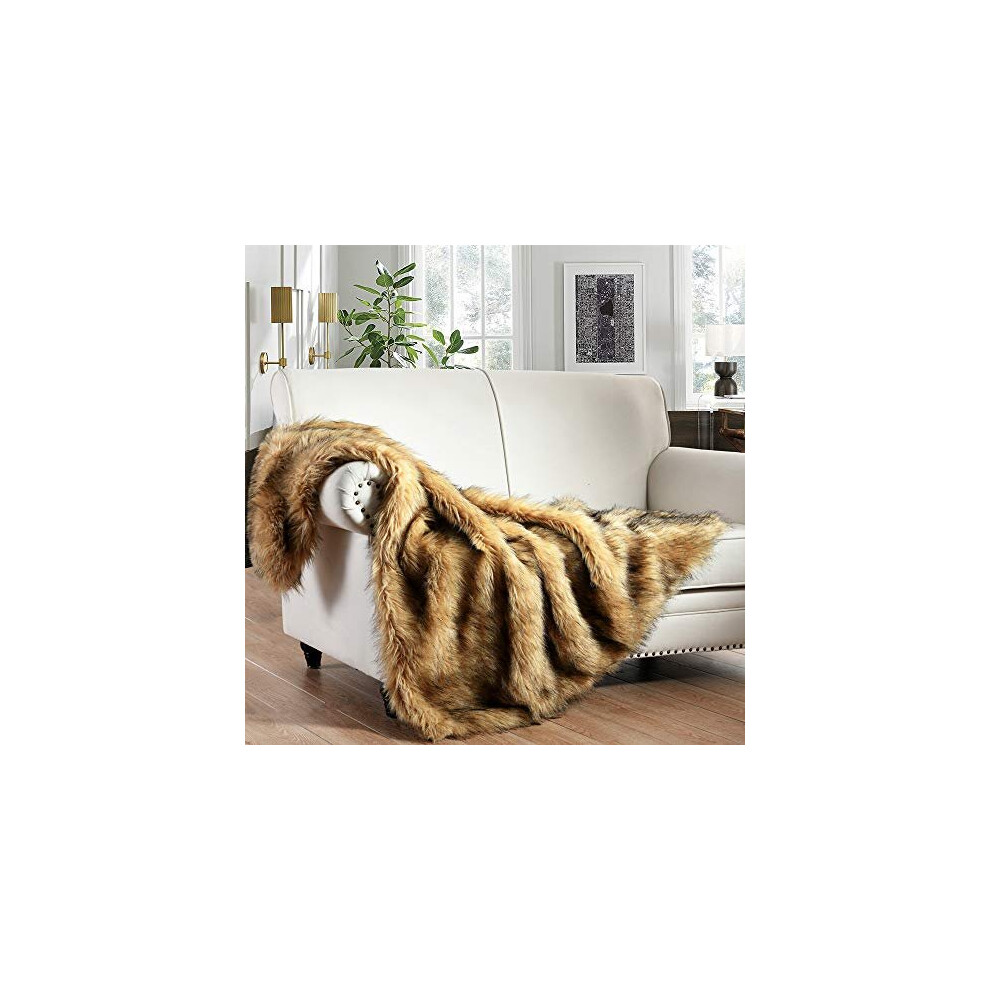 Luxury Plush Faux Fur Throw Blanket, Long Pile Golden Yellow with Black Tipped Blanket, Super Warm, Fuzzy, Elegant, Fluffy Decoration Blanket Scarf