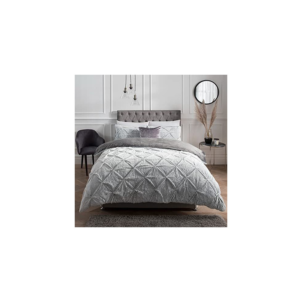 Sleepdown Ruched Diamond Faux Fur Fleece Thermal Warm Cosy Super Soft Duvet Cover Quilt Bedding Set with Pillow Cases - Double (200cm x 200cm) - Grey