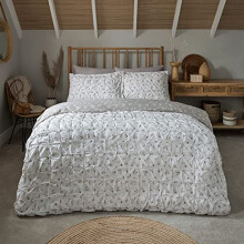 Sleepdown Printed Rouched Pleat Ditsy Leaves White Natural Reversible Duvet Cover Quilt and Pillow Cases Bedding Set - King (230cm x 220cm)