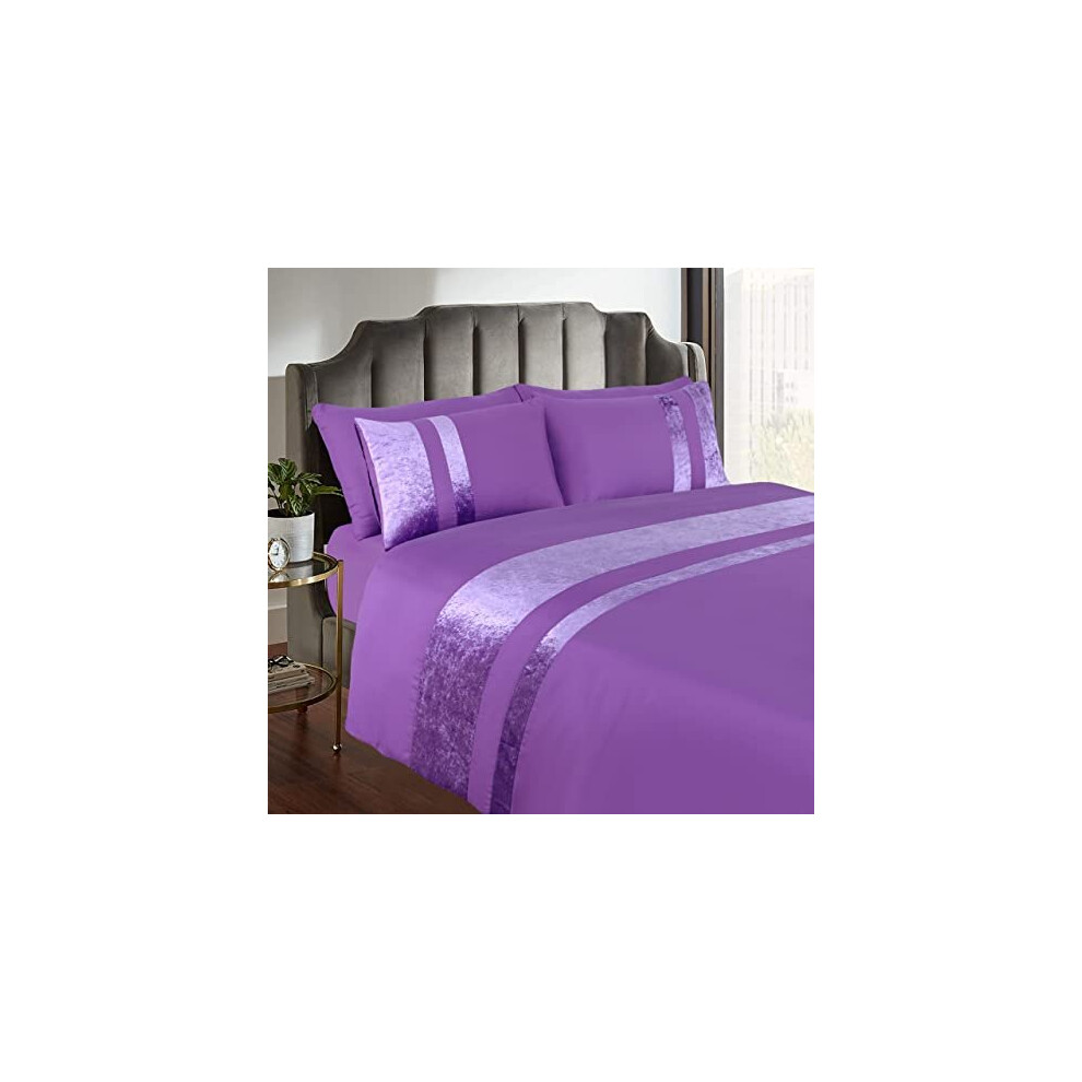 Casabella Luxury Crushed Velvet Panel Band Duvet Cover Sets with Pillow Case Double Duvet cover Bedding Set ? Purple Crush Velvet Double Duvet Cover