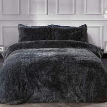 Sleepdown Fleece Luxury Long Pile Faux Fur Charcoal Grey Super Soft Easy Care Duvet Cover Quilt Bedding Set with Pillowcase - Single (135cm x 200cm)