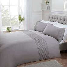 Sleepdown Pintuck Pleated Striped Panel Silver Luxury Easy Care Soft Cosy Duvet Cover Quilt Bedding Set with Pillowcases - Double (200cm x 200cm)