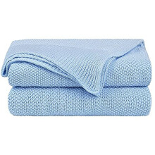 PiccoCasa 100% Cotton Knit Throw Blanket,Solid Lightweight Decorative Throws and Blankets,Soft Knitted Throw Blanket for Sofa Couch, Pale Blue 50" x