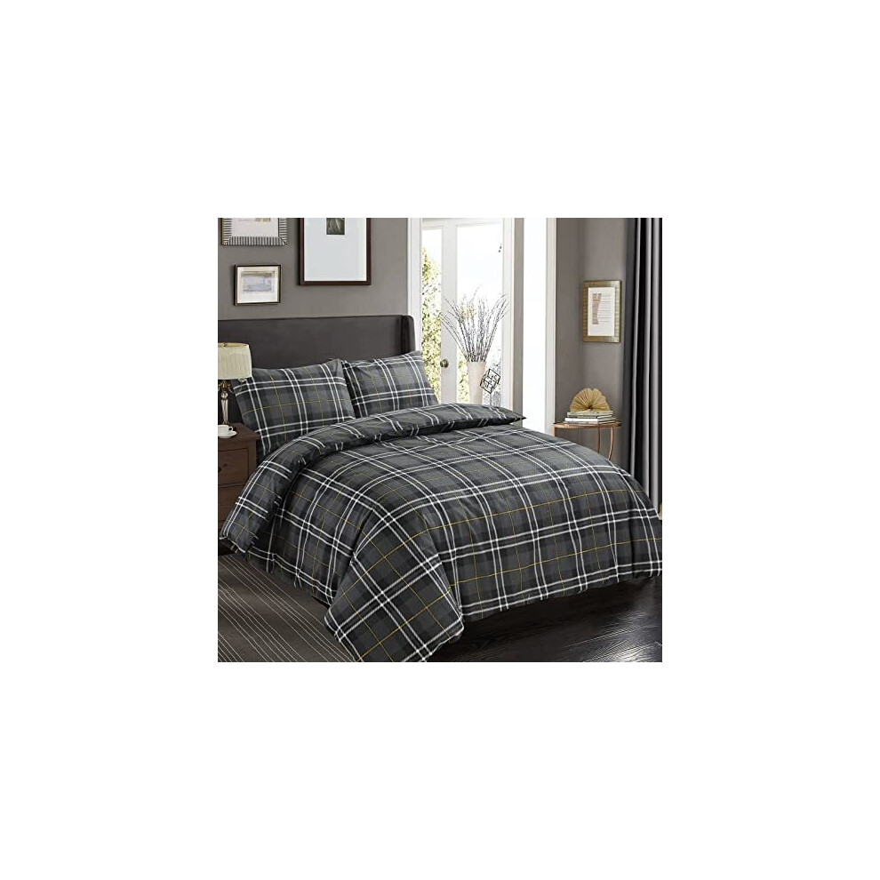 LSC Tartan Check Flannelette Duvet Cover 100% Brushed Cotton Flannel Thermal Winter Bedding Duvet Cover Set Luxury Super Soft With Matching Colour