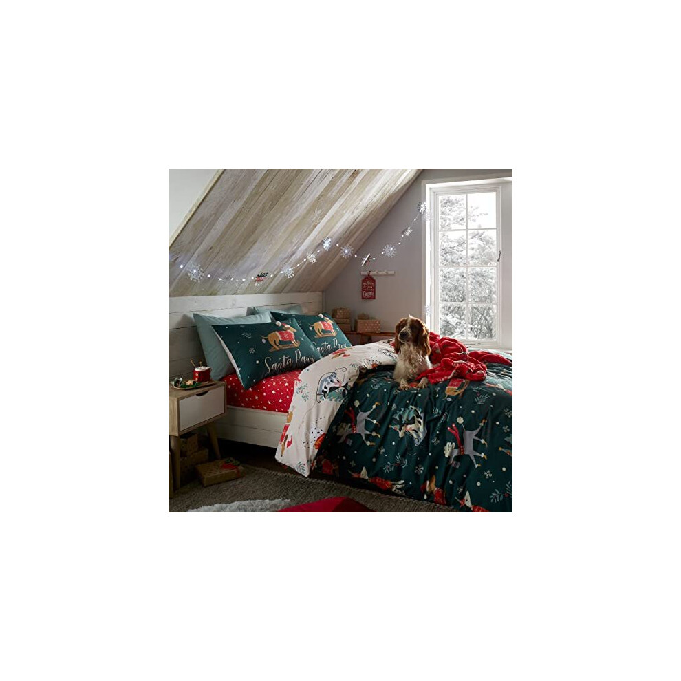 Catherine Lansfield Bedding Christmas Santa Paws Single Duvet Cover Set with Pillowcases Forest Green