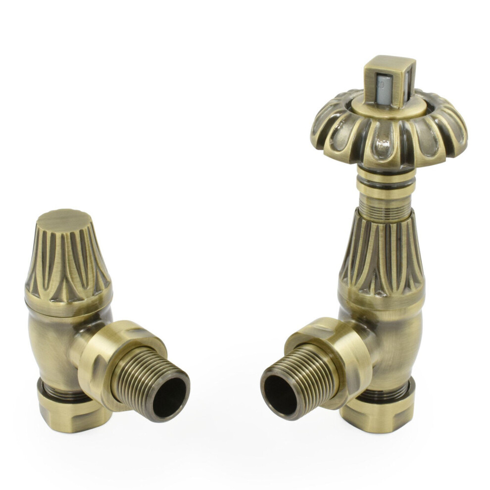 (Polished Antique Brass) Traditional Thermostatic TRV Antique Design Angled Radiator Rad Valves Pair