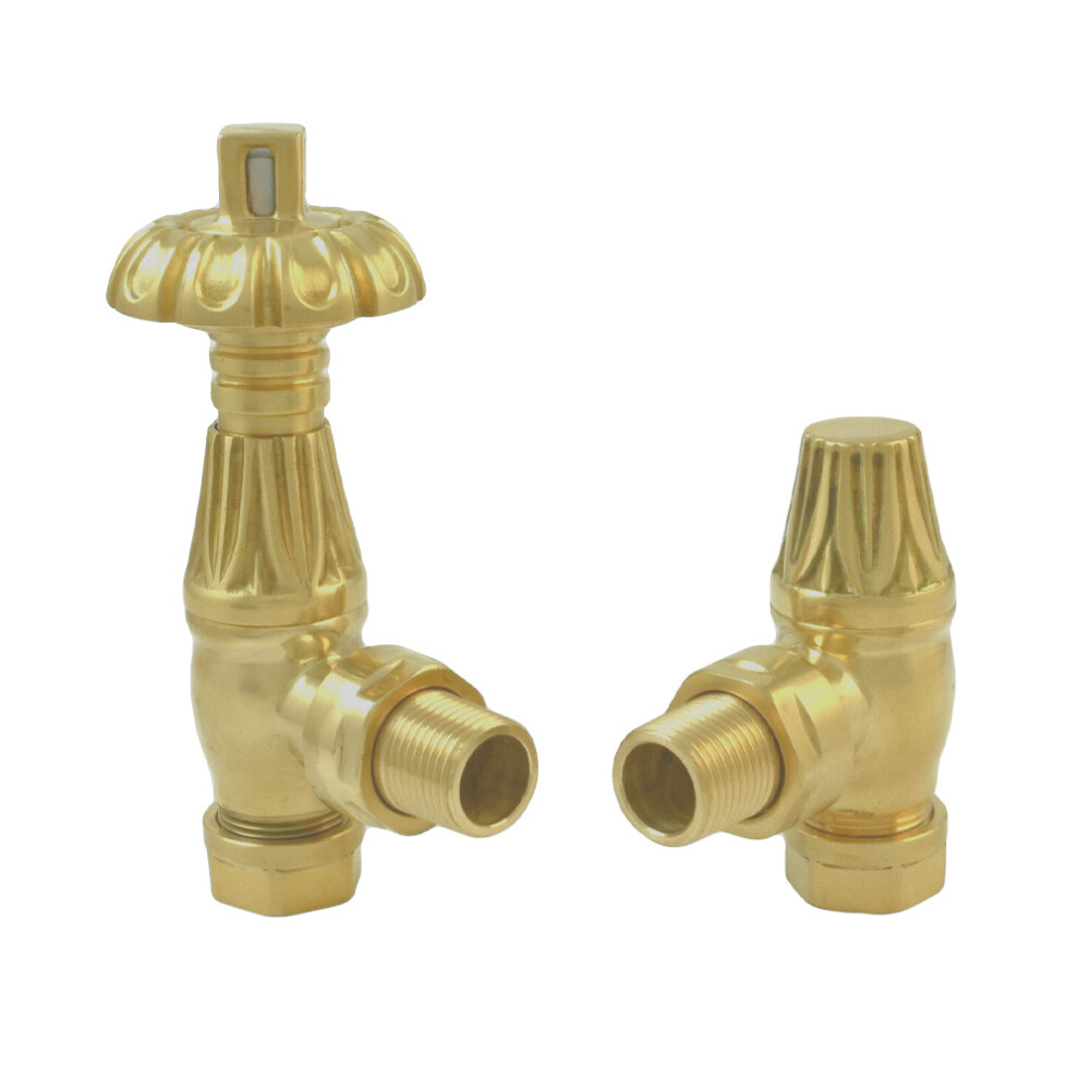 (Brushed Brass) Traditional Thermostatic TRV Antique Design Angled Radiator Rad Valves Pair