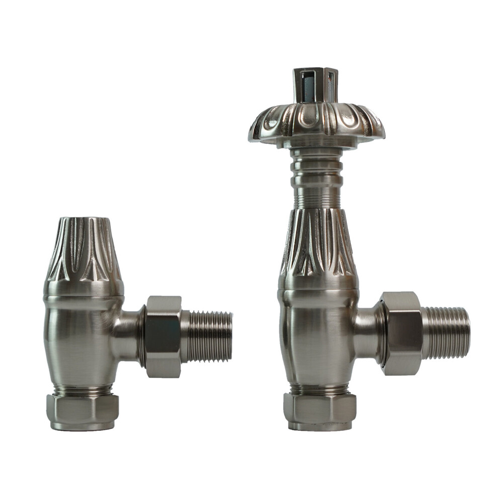 (Satin Nickel) Traditional Thermostatic TRV Antique Design Angled Radiator Rad Valves Pair