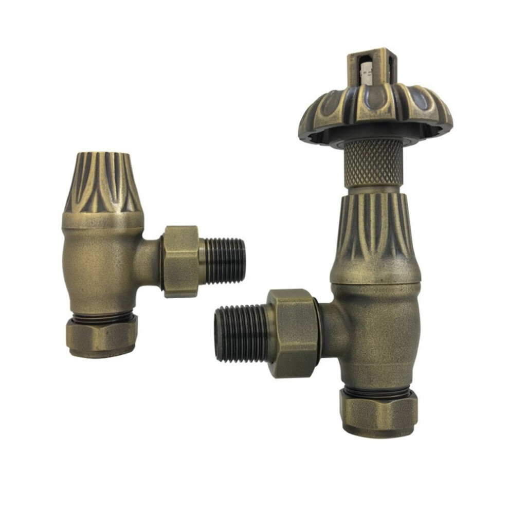 (Antique Brass) Traditional Thermostatic TRV Antique Design Angled Radiator Rad Valves Pair