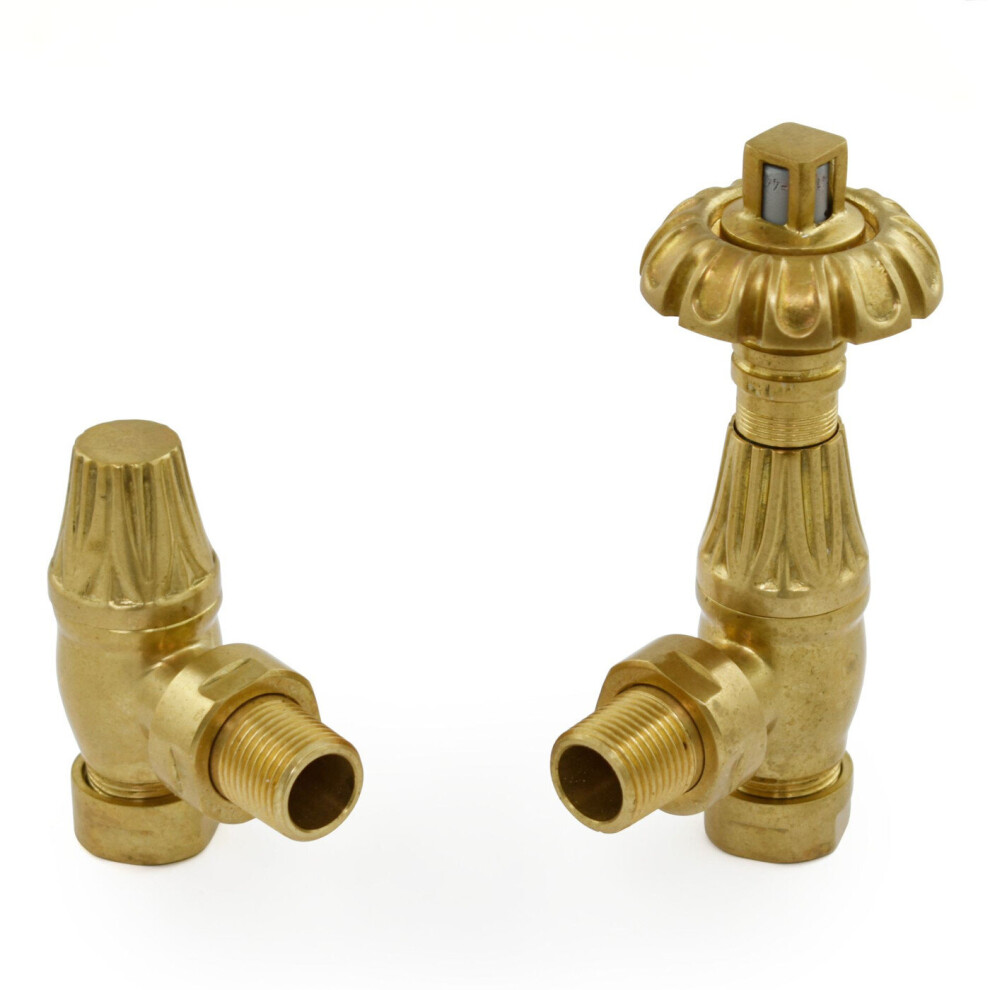 (Polished Brass) Traditional Thermostatic TRV Antique Design Angled Radiator Rad Valves Pair