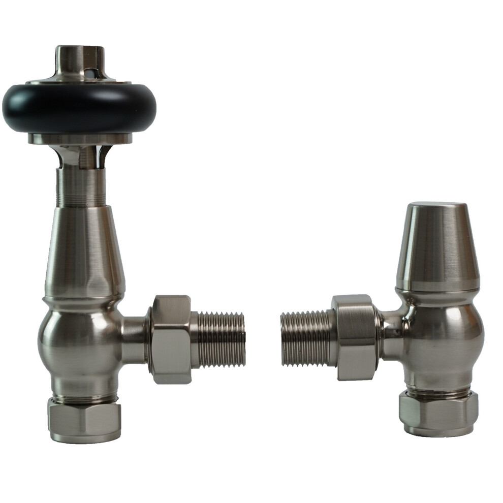 (Satin Nickel) Traditional Antique Design TRV Thermostatic Brass Angled Radiator Valves Pair