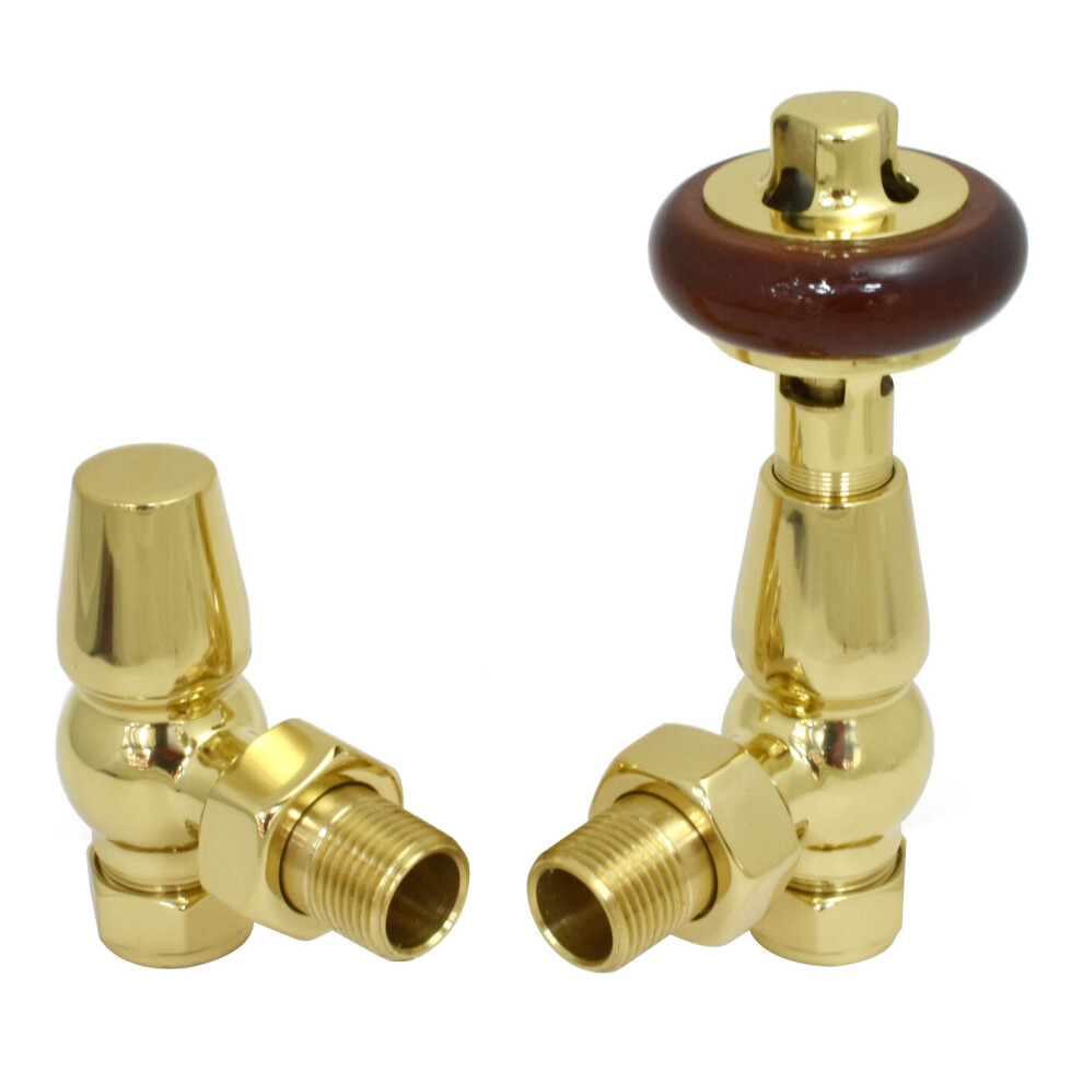 (Polished Brass) Traditional Antique Design TRV Thermostatic Brass Angled Radiator Valves Pair