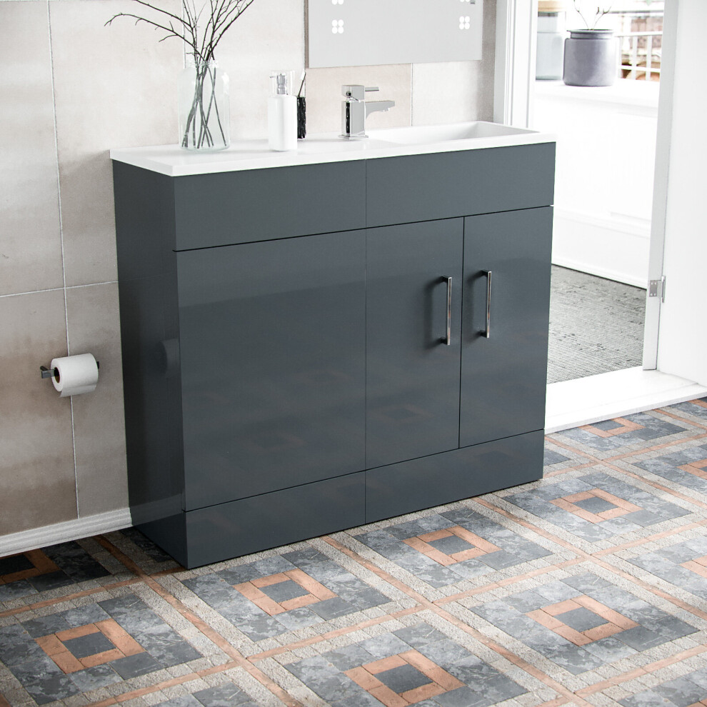 Nes Home James 1000Mm Freestanding Grey Mdf Slimline Vanity Cabinet & White Resin Basin White,Grey