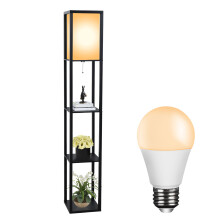(Black(with a bulb)) 3-Tier LED Floor Lamp Wooden Shelf with Storage