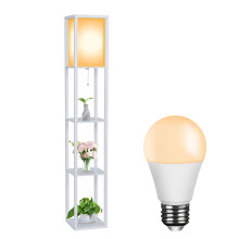 (White(with a bulb)) 3-Tier LED Floor Lamp Wooden Shelf with Storage