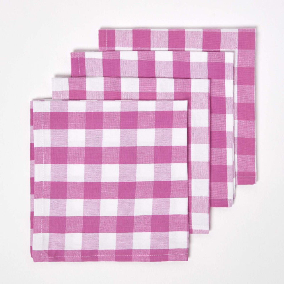 (Pink) Block Check Cotton Gingham Napkins, Set of 4