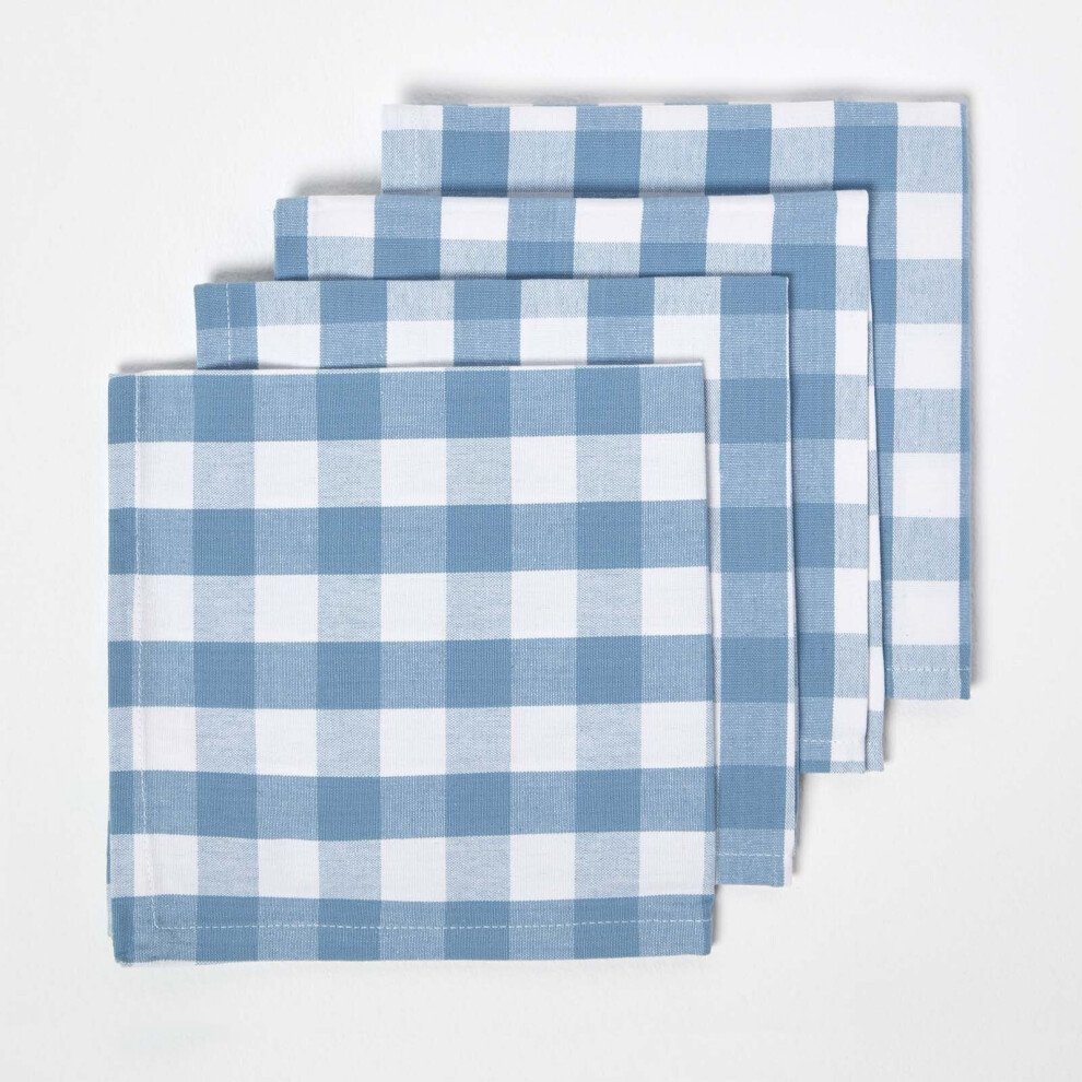 (Blue) Block Check Cotton Gingham Napkins, Set of 4