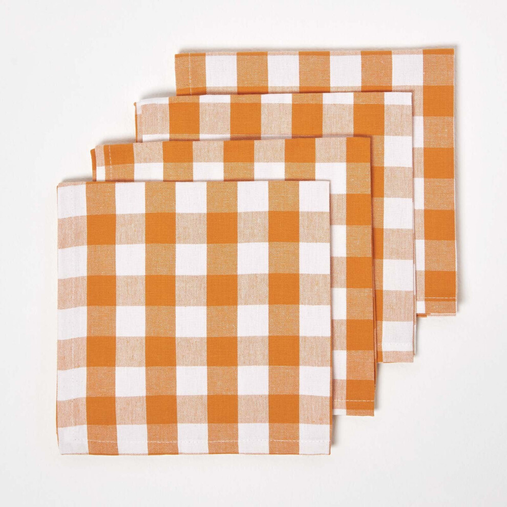 Homescapes (Orange) Block Check Cotton Gingham Napkins, Set Of 4 Orange