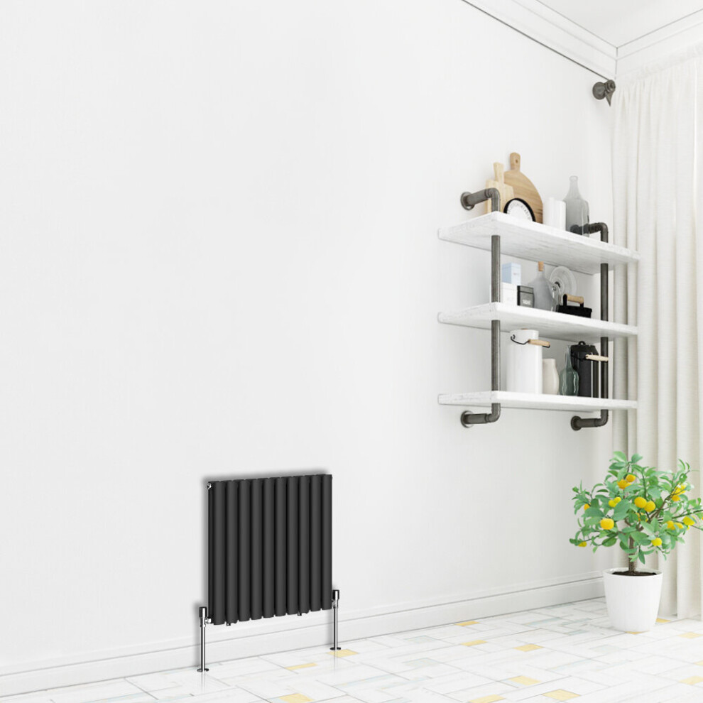 (Horizontal 600x590mm - Double) NRG Premium Black Radiator Oval Column Designer Central Heating  UK