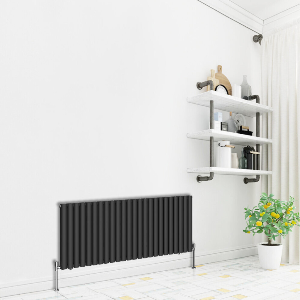 (Horizontal 600x1416mm - Double) NRG Premium Black Radiator Oval Column Designer Central Heating  UK