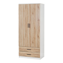 (White Carcass & Oak Drawers) Tall Wooden 2 Door Wardrobe +2 Drawers Hanging Bar