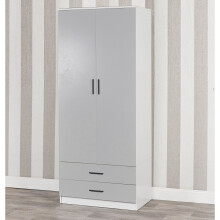 (White Carcass & Grey Drawers) Tall Wooden 2 Door Wardrobe +2 Drawers Hanging Bar