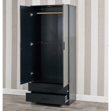 (Black Carcass & Black Drawers) Tall Wooden 2 Door Wardrobe +2 Drawers Hanging Bar