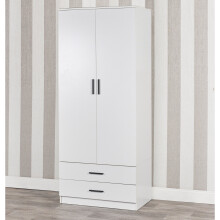 (White Carcass & White Drawers) Tall Wooden 2 Door Wardrobe +2 Drawers Hanging Bar