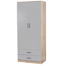 (Grey Carcass & Oak Drawers) Tall Wooden 2 Door Wardrobe +2 Drawers Hanging Bar