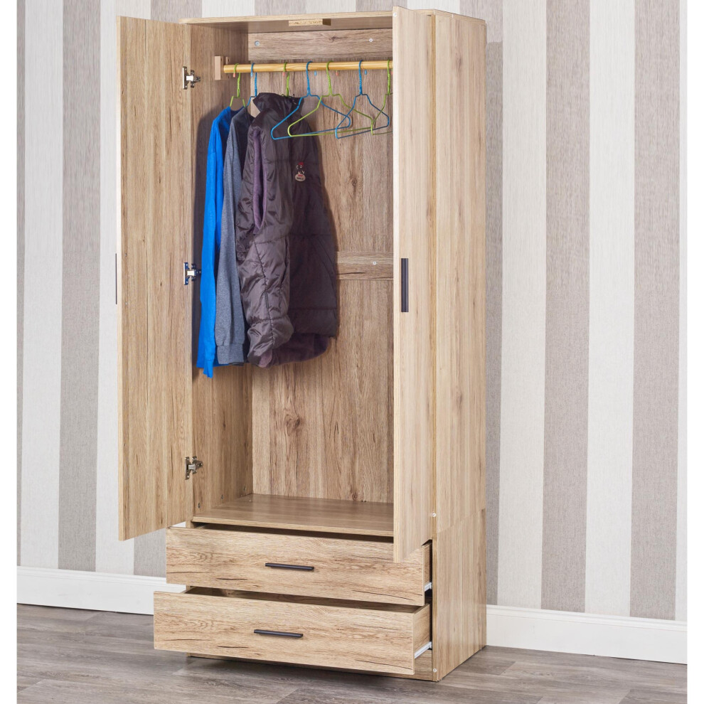 Photos - Wardrobe Tall Wooden 2 Door +2 Drawers Hanging Bar Brown(Oak Carcass & Oak Drawers)