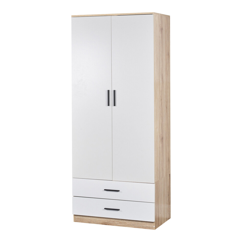 (Oak Carcass & White Drawers) Tall Wooden 2 Door Wardrobe +2 Drawers Hanging Bar