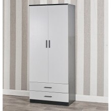 (Grey Carcass & White Drawers) Tall Wooden 2 Door Wardrobe +2 Drawers Hanging Bar