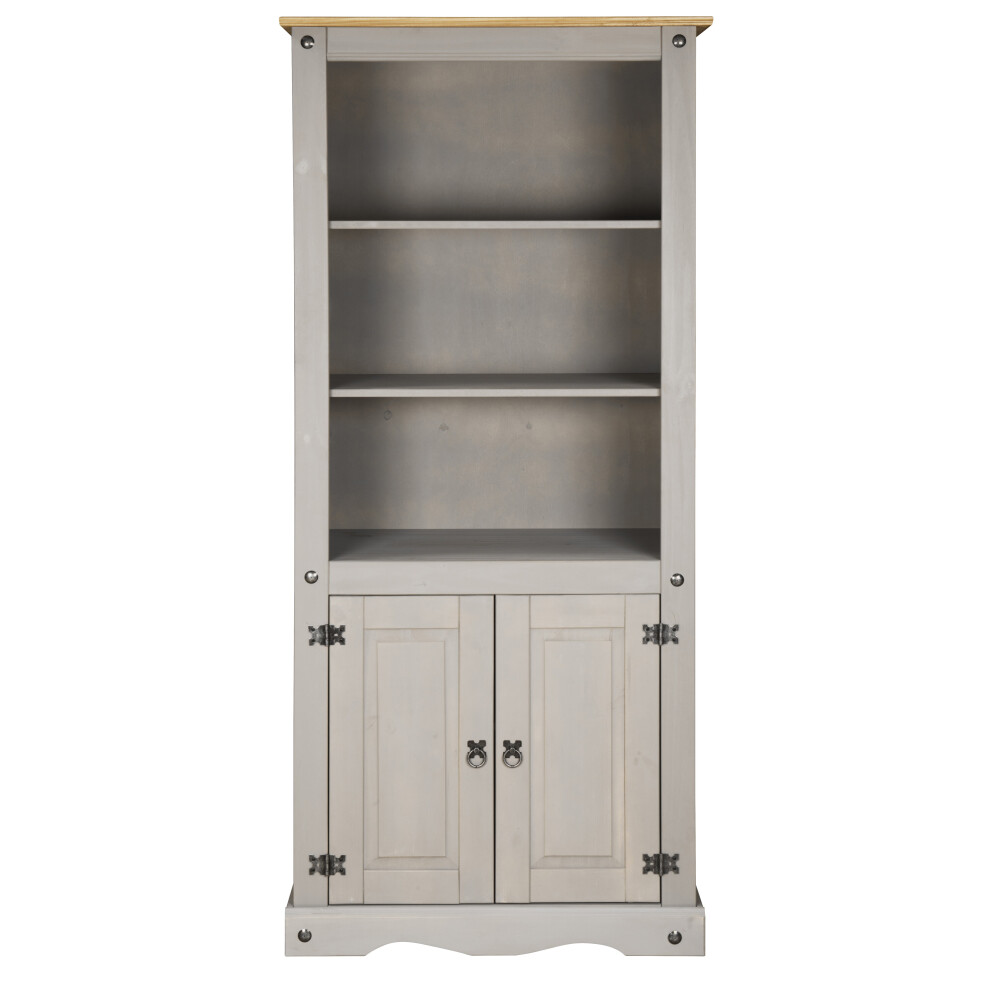 Corona Grey Bookcase Pine 2 Door Display Cupboard 3 Book Shelves Distressed Wax