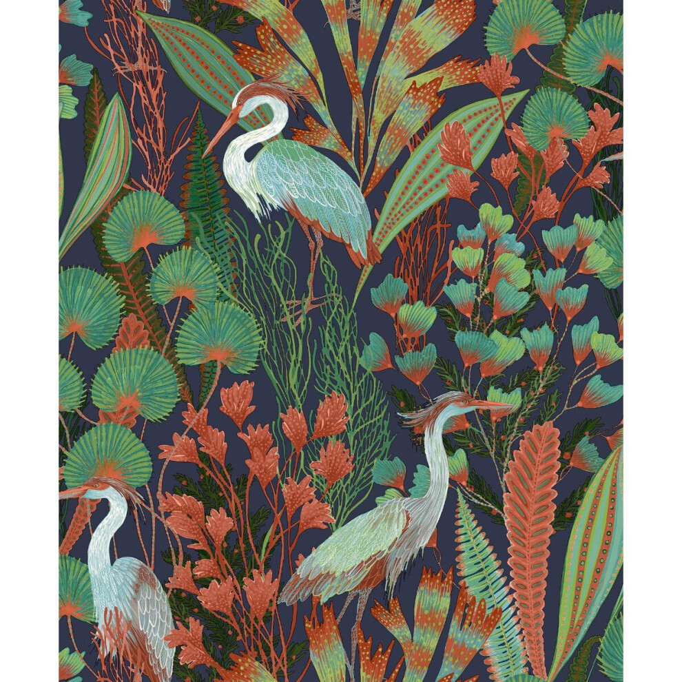 Rackhams Green/Pink Tropical Crane Navy Textured Wallpaper, Navy - Image 4