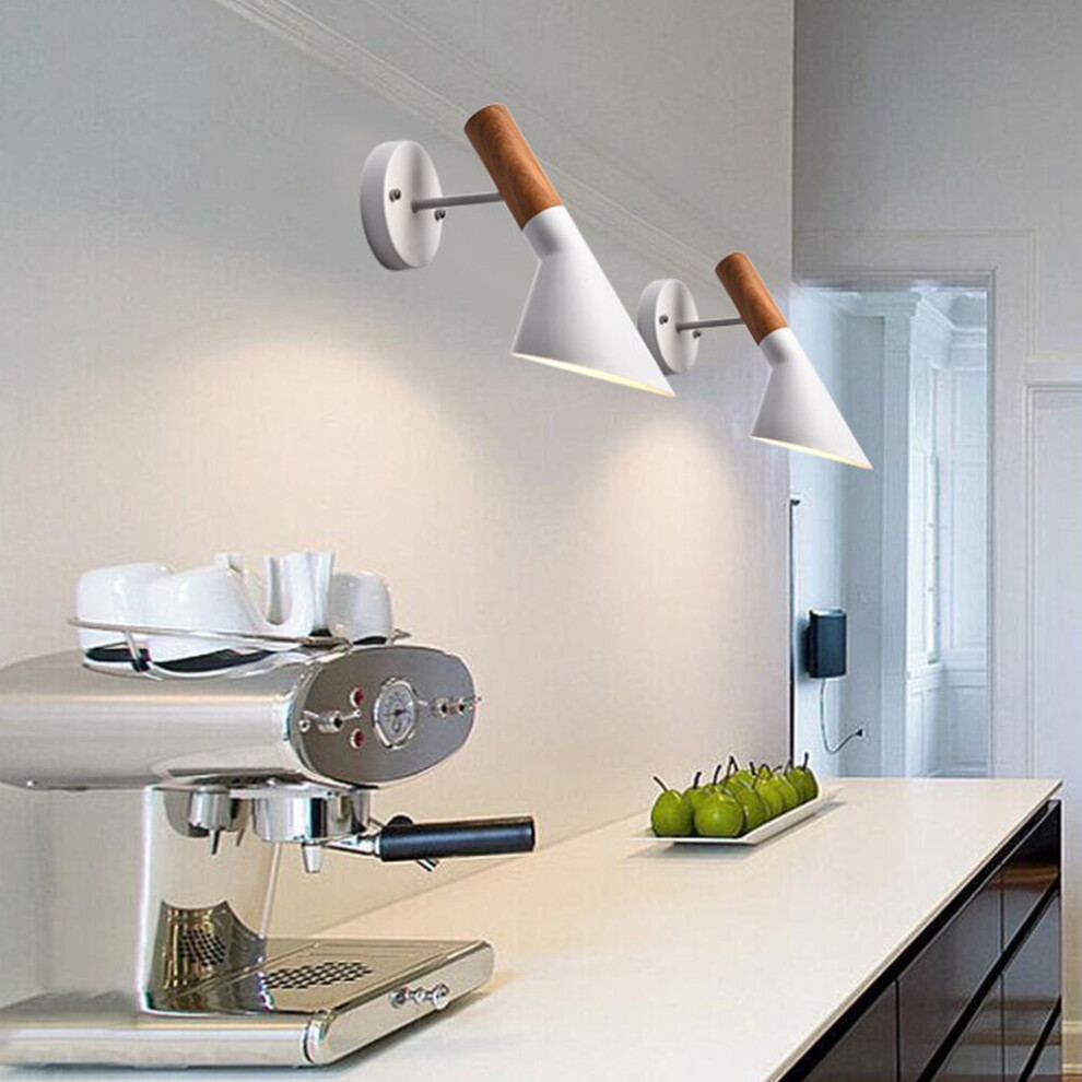 Stoex 2X-Metal Wood Wall Nordic Modern Style Indoor Wall Sconce Minimalist Simple Wall Lamp E27 Bulb For Bedroom Cafe Office Light/White