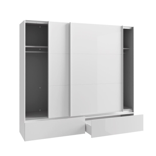 FWStyle White Gloss Sliding Door Wardrobe with Drawers 220cm Wide.Includes surround with lights