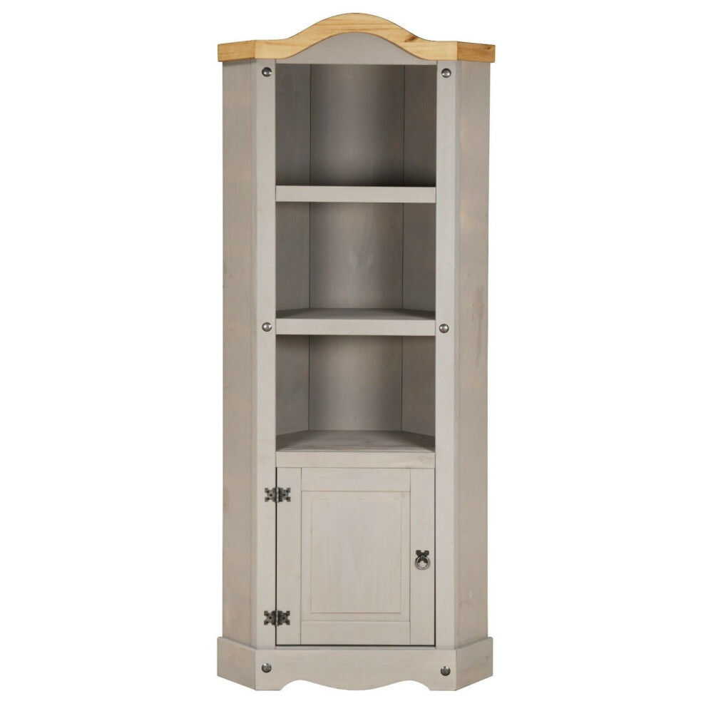 Corona Grey Corner Display Unit Bookcase Pine Cupboard 3 Book Shelves