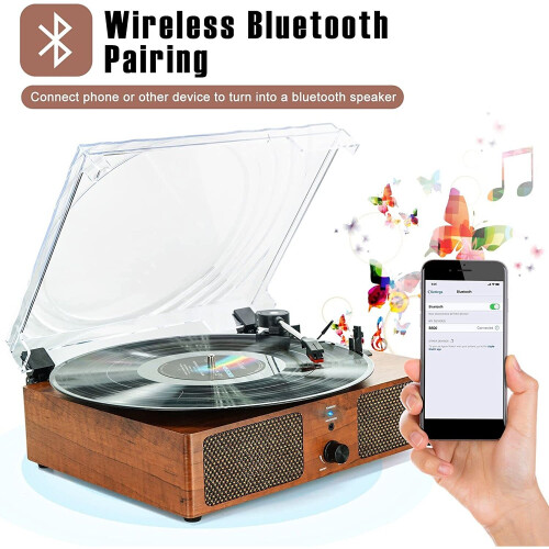 Vinyl Bluetooth Record Player Turntable 3-speed with Speakers & USB 2