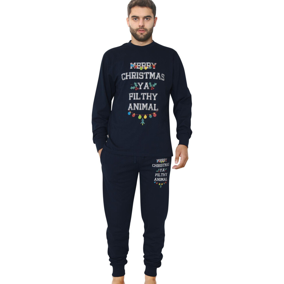 (XL, Navy Blue) Mens Ladies Pyjamas Ya Filthy Animal Xmas Set